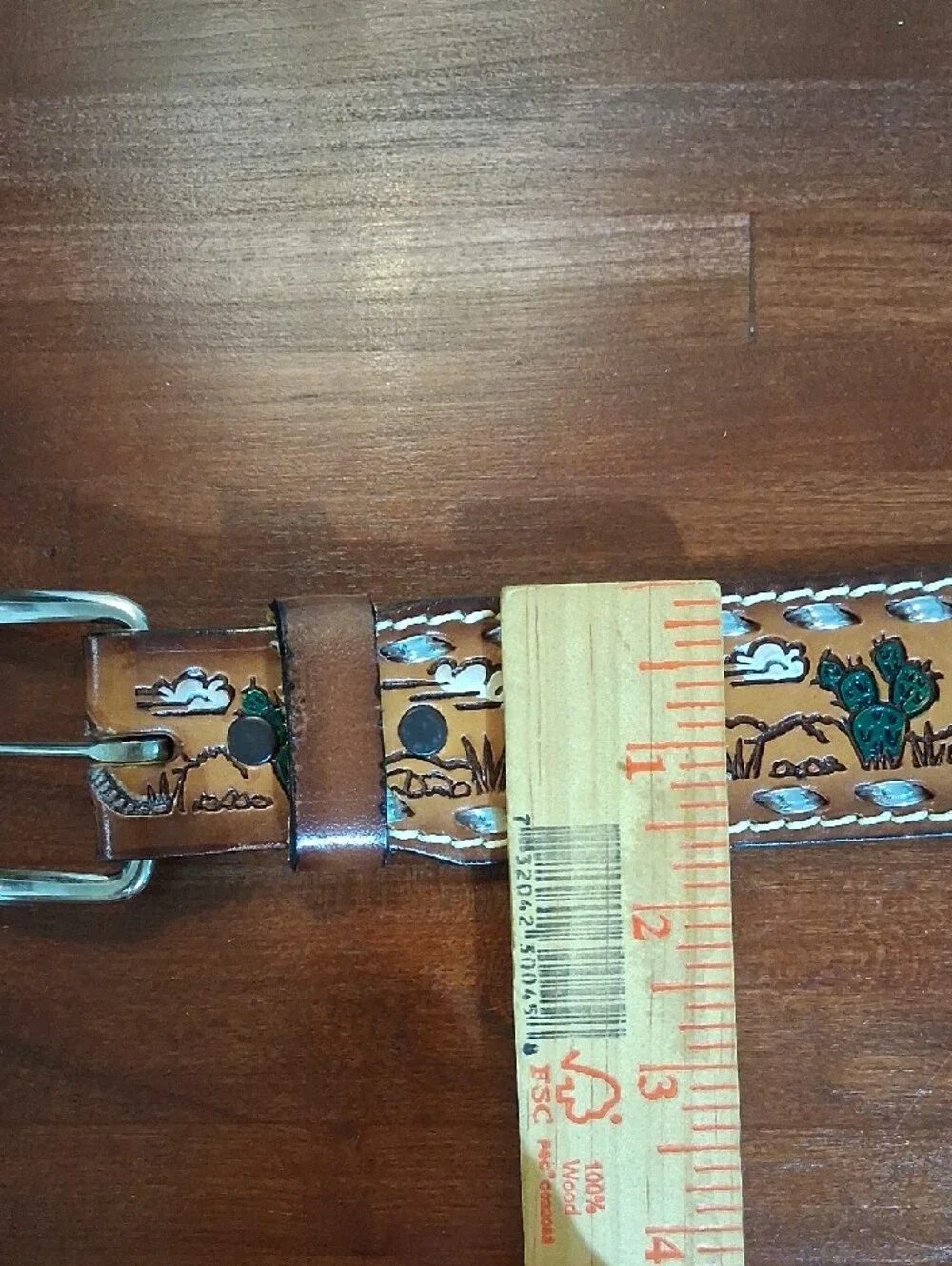 Mallory Western Belt 28 Brown Leather Silver Lacing Tooled Painted Armadillo